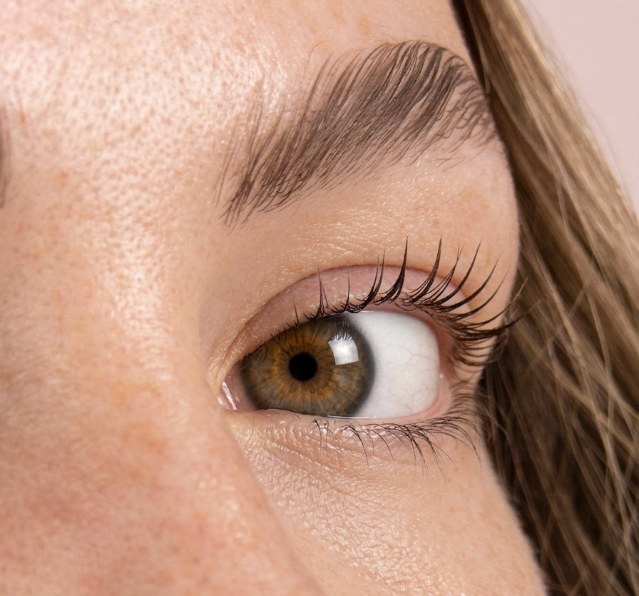 Extreme close-up of a person's eye wearing a long, dark, curled eyelash extension, showing the natural brown iris and skin texture.