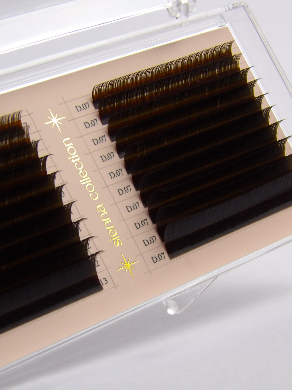 Eyelash extensions in a clear case with 'sienna collection' branding.